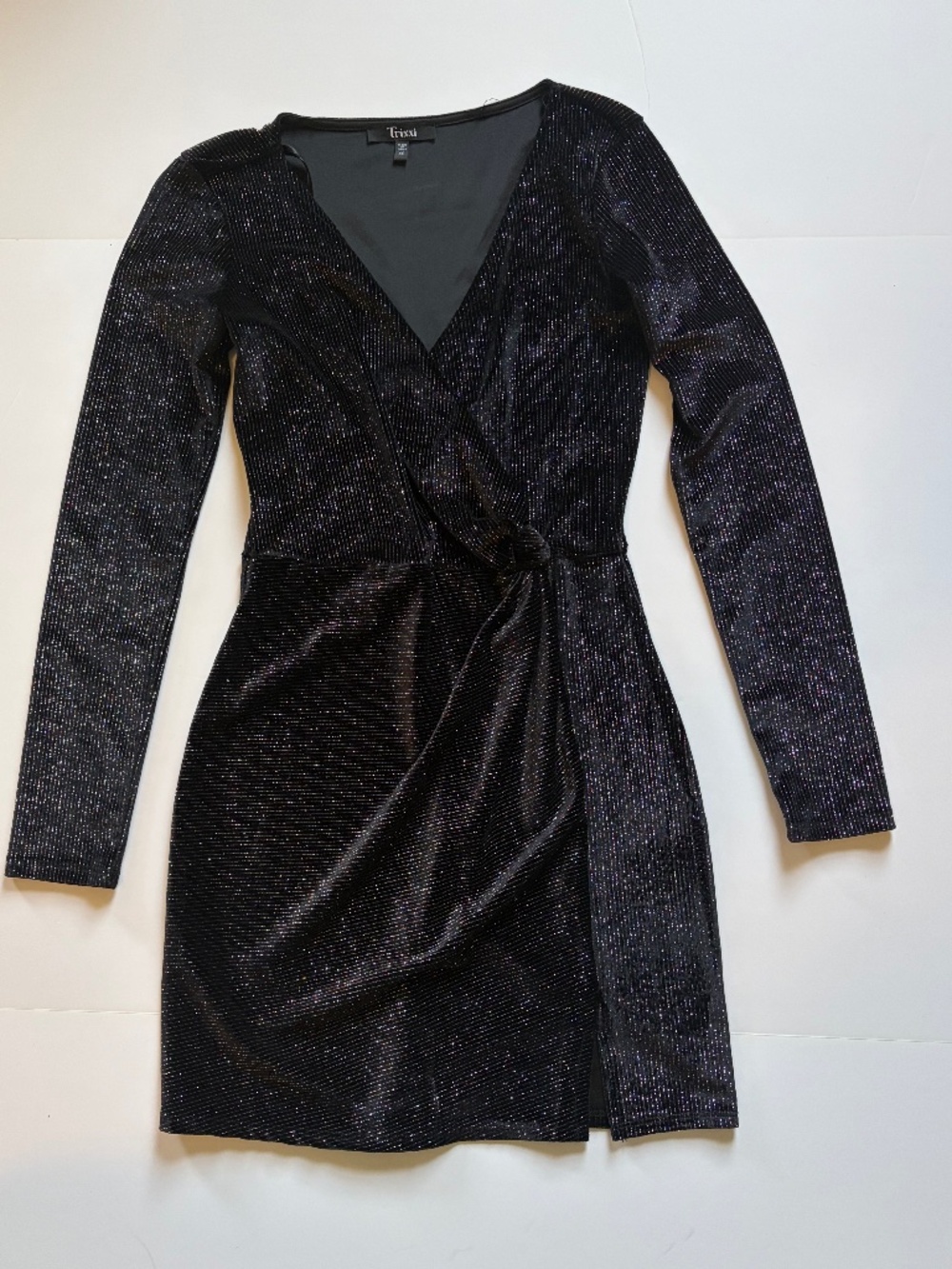Trixxi Black Glitter Wrap Mini Dress Long Sleeve Party Cocktail Size XS